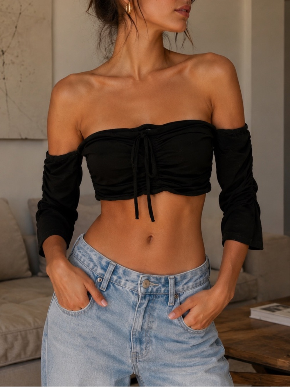 SHEIN Black Off-Shoulder Ruched Drawstring Crop Top